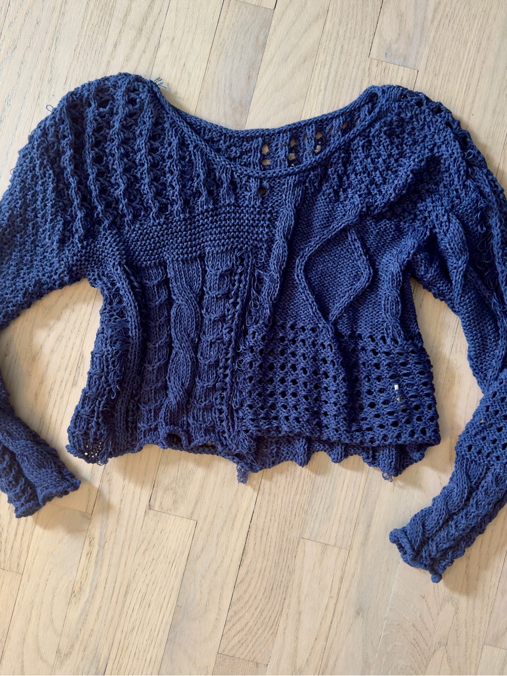 Navy Blue Knit Patchwork Crop Sweater M